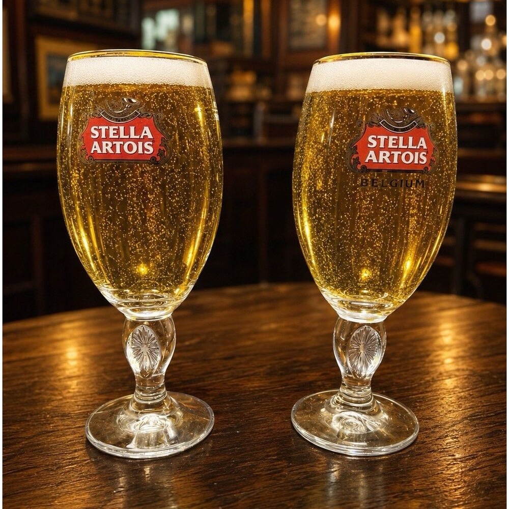 Stella Artois Belgium 33 cl Gold Rim Beer Chalice Glasses Set of 2